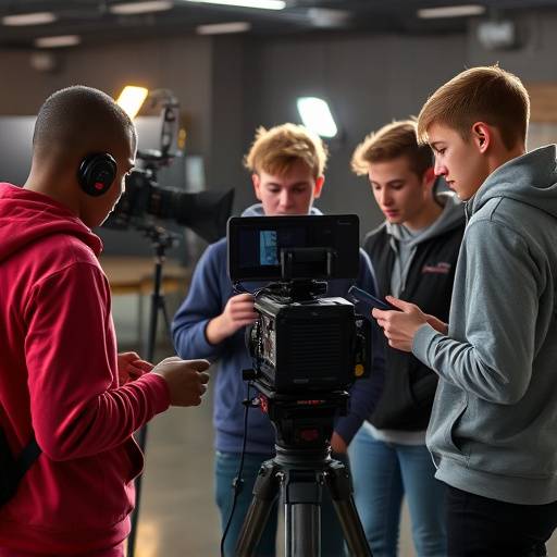Groupe d'étudiants travaillant ensemble sur un projet de film, utilisant une caméra professionnelle et un équipement d'éclairage.