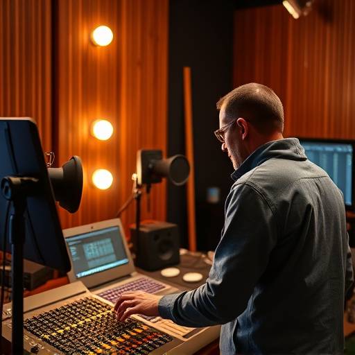 Un ingénieur du son travaillant dans un studio d'enregistrement avec une console de mixage.