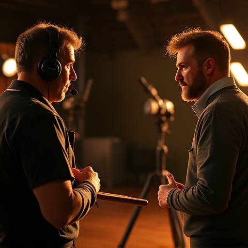 Un réalisateur donnant des instructions à un acteur sur un plateau de tournage.