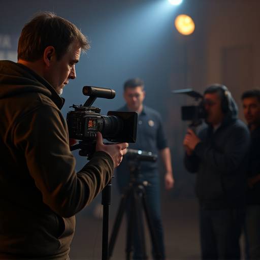 Un r√©alisateur donnant des instructions sur un plateau de tournage avec une cam√©ra et une √©quipe autour.